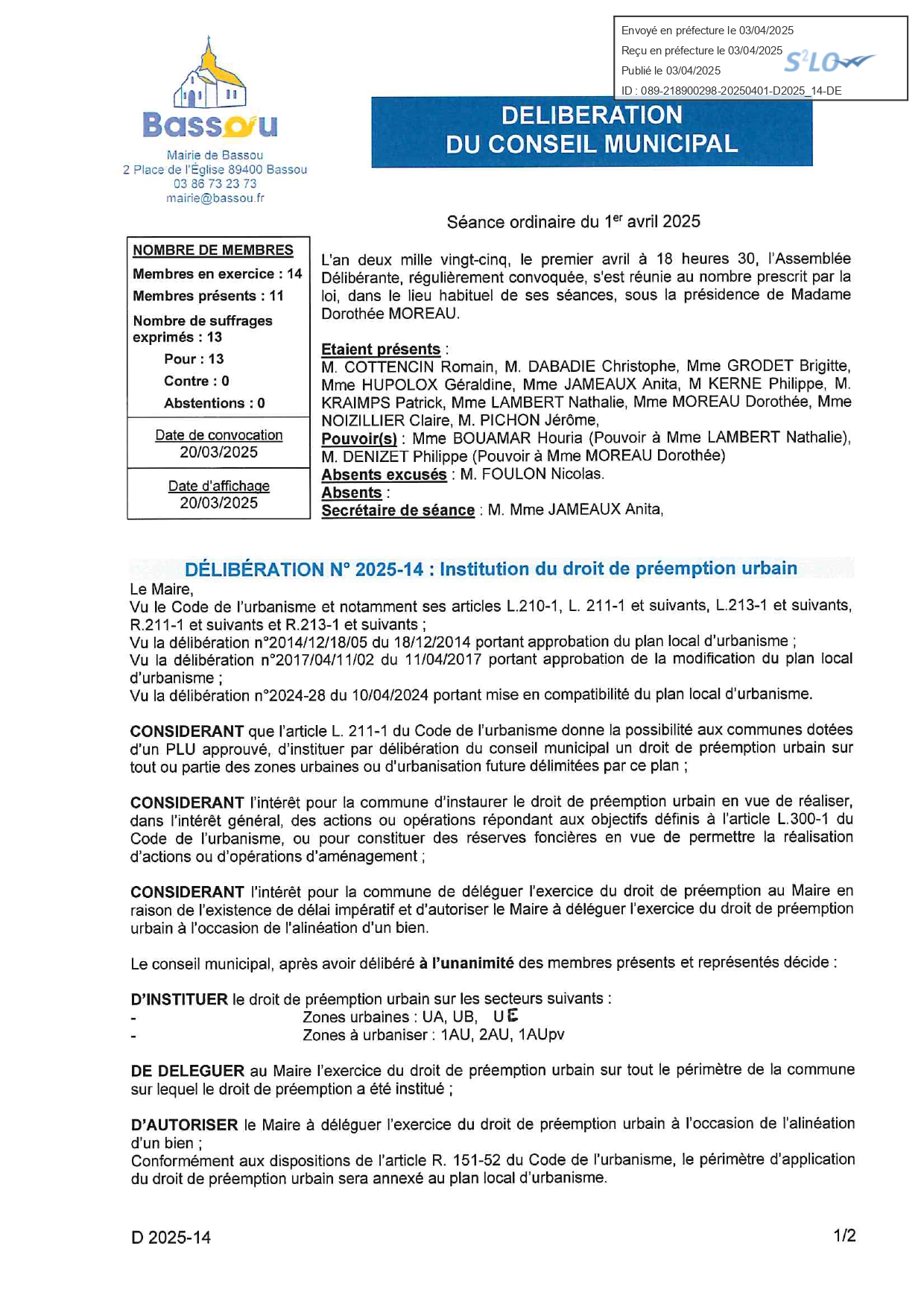 Délibération portant institution du droit de préemption