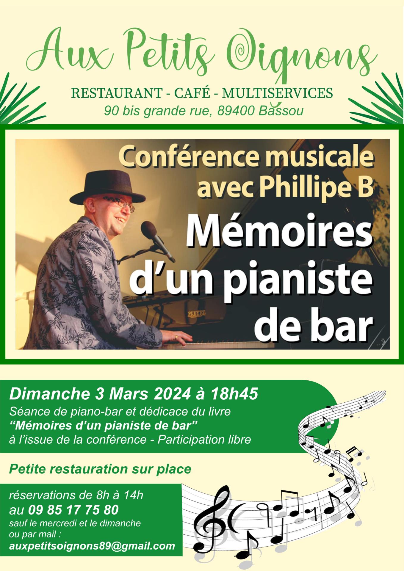 Dimanche 3 mars 2024 Mémoires d'un pianiste de bar